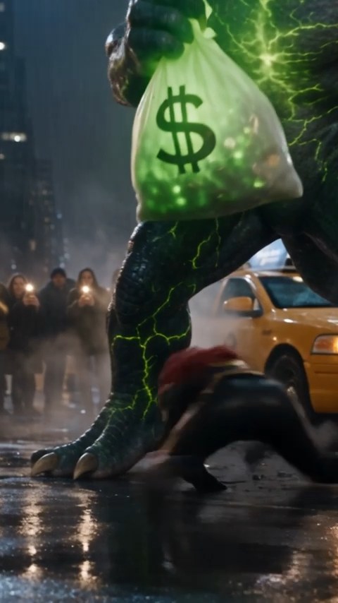 Still from Caroline's comic video: the villain clutching a glowing bag of money